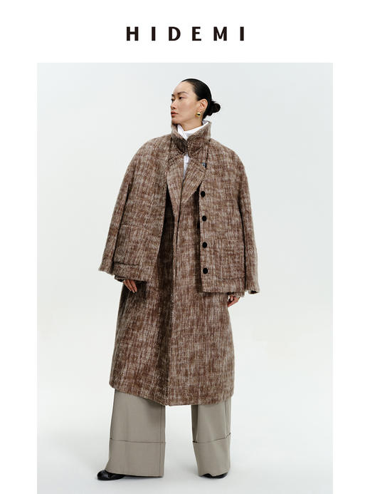 HIDEMI 羊毛色织混纺翻领多穿式加厚极简气质廓形长款大衣/围巾短外套 商品图8