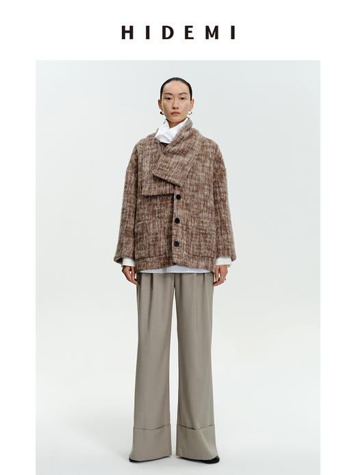 HIDEMI 羊毛色织混纺翻领多穿式加厚极简气质廓形长款大衣/围巾短外套 商品图10