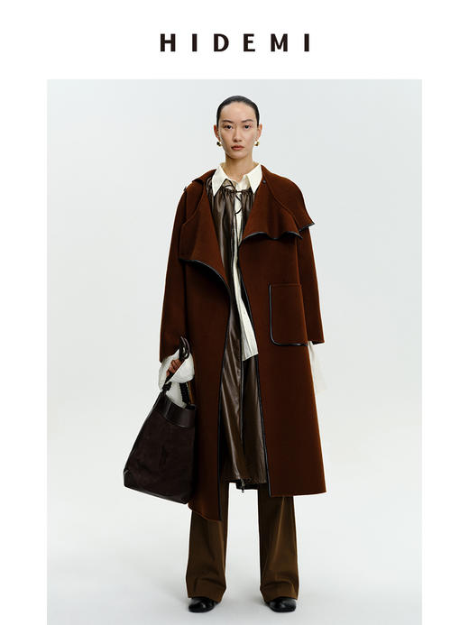 HIDEMI 不对称斜门襟设计感皮边镶嵌工艺大衣 商品图2