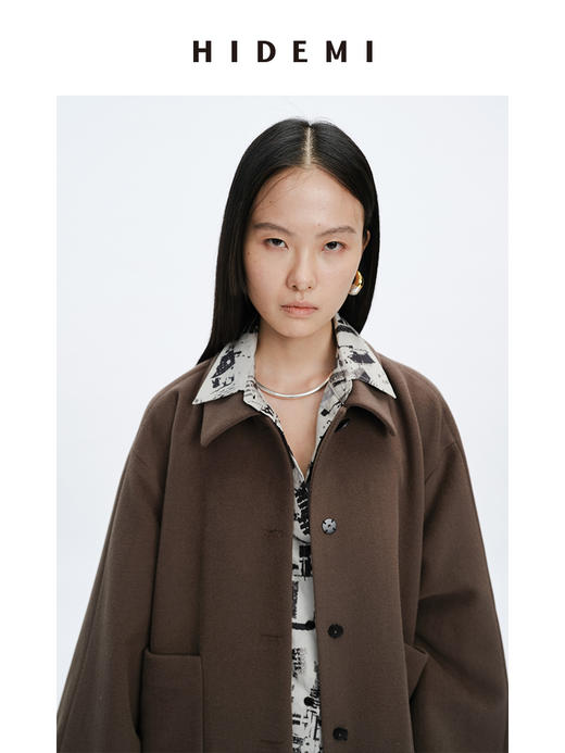 HIDEMI 摩卡色口袋极简大廓形前短后长式羊毛大衣 商品图8