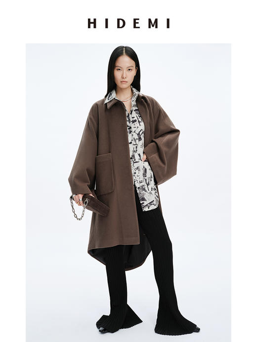 HIDEMI 摩卡色口袋极简大廓形前短后长式羊毛大衣 商品图5