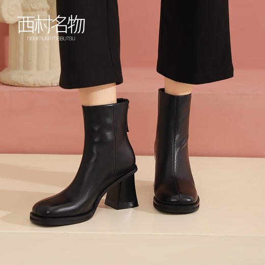 西村名物2022冬新款法式高跟气质粗高跟芒果头通勤女短靴44911 商品图3