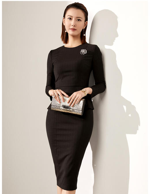 “咖啡时间”颈袖添香-连衣裙-J20384557A 装新款通勤修身女士气质时尚名媛长袖职场包臀连衣裙 商品图2