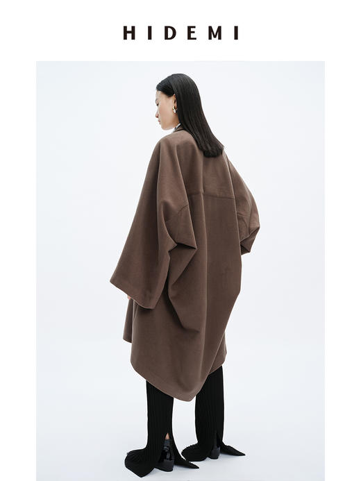 HIDEMI 摩卡色口袋极简大廓形前短后长式羊毛大衣 商品图13