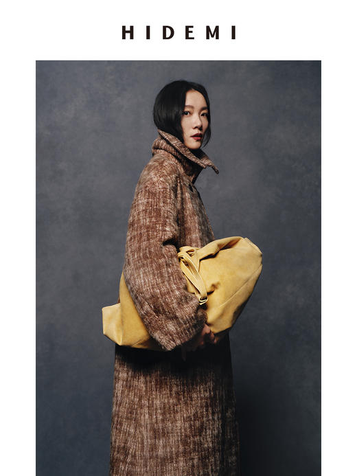 HIDEMI 羊毛色织混纺翻领多穿式加厚极简气质廓形长款大衣/围巾短外套 商品图1