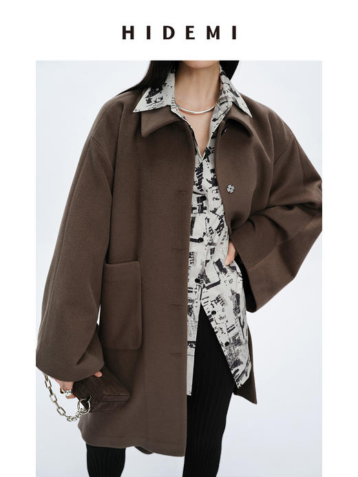 HIDEMI 摩卡色口袋极简大廓形前短后长式羊毛大衣 商品图9