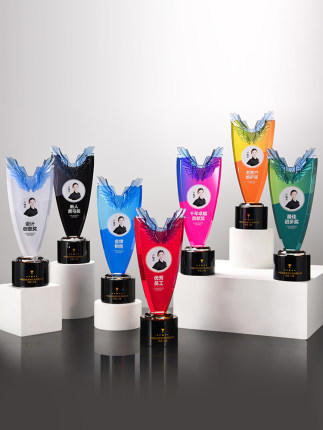 创意水晶奖杯定做胜利蓝色琉璃翅膀高档大气彩印优秀员工退休纪念 商品图3