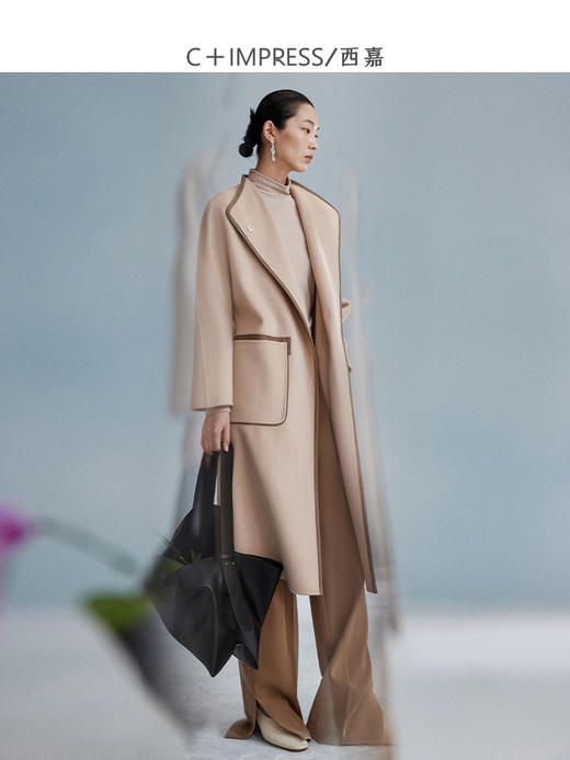 西嘉西嘉 高支全羊毛皮包边赫本风毛呢大衣女双面羊毛外套时尚洋气 商品图1