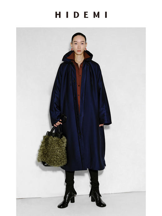 HIDEMI拼皮立领极简大廓型长款棉服 商品图1