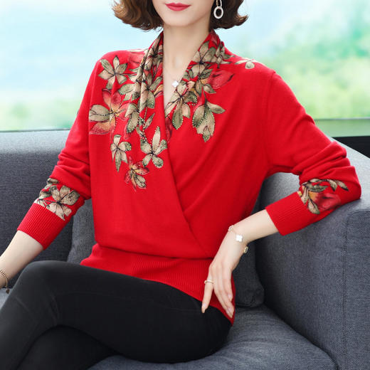 羊毛衫印花毛衣洋气显瘦V领套头打底CC-JDD-0324 商品图3