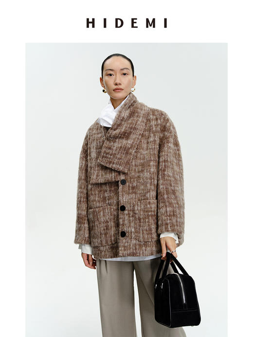 HIDEMI 羊毛色织混纺翻领多穿式加厚极简气质廓形长款大衣/围巾短外套 商品图12