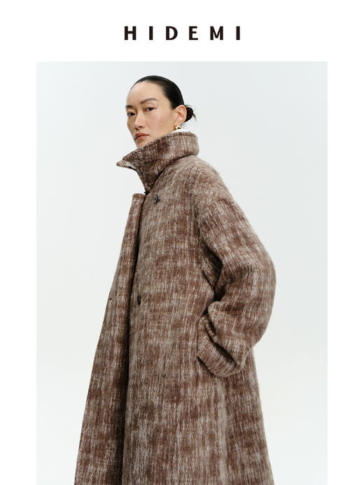 HIDEMI 羊毛色织混纺翻领多穿式加厚极简气质廓形长款大衣/围巾短外套 商品图5