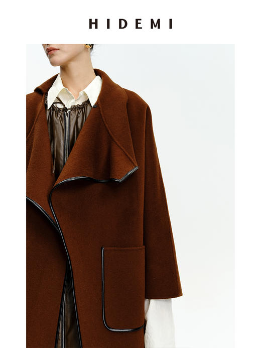 HIDEMI 不对称斜门襟设计感皮边镶嵌工艺大衣 商品图13