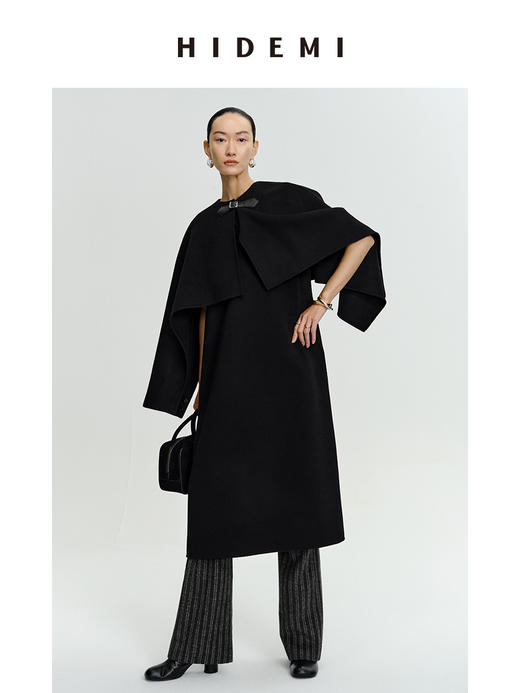 HIDEMI 美利奴羊毛廓形极简皮扣设计感斗篷/连衣裙两件套 商品图1