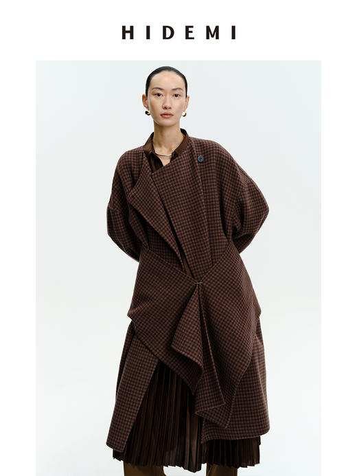 HIDEMI 深咖色格纹长款围巾式大衣 商品图4
