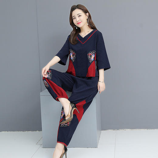 NLYJ-套装棉麻两件套夏新款民族风女七分袖V领t恤+松紧腰九分裤宽松套装 商品图3