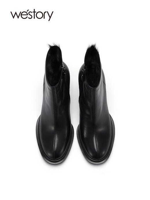 westory冬季加绒保暖靴子粗高跟短筒质感百搭时装靴女82501 商品图2