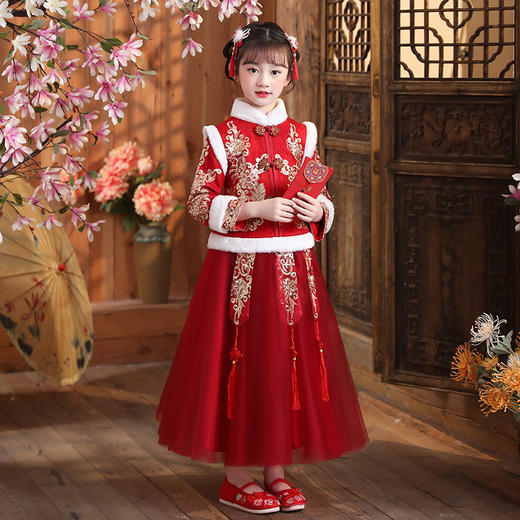 DY-9922汉服女童裙套装秋冬加绒中国风唐装拜年服女孩演出儿童连衣裙 商品图3