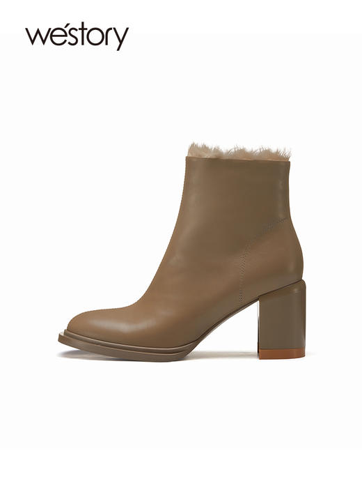 westory冬季加绒保暖靴子粗高跟短筒质感百搭时装靴女82501 商品图1
