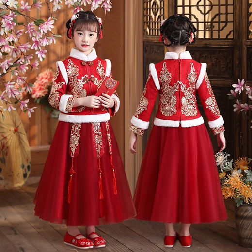 DY-9922汉服女童裙套装秋冬加绒中国风唐装拜年服女孩演出儿童连衣裙 商品图0