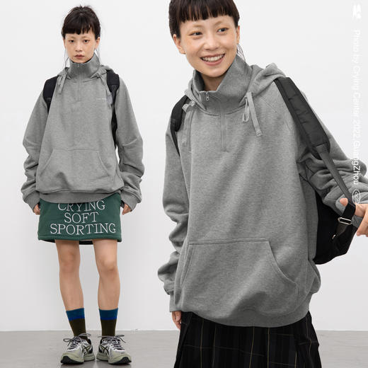 CryingCenter 双重领设计 加绒花灰色连帽立领卫衣 哭喊中心 商品图3
