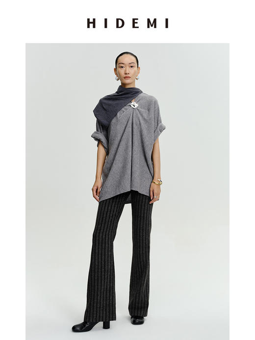 HIDEMI 时髦灰色竖条纹显瘦喇叭神裤 商品图7