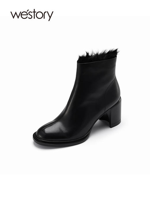westory冬季加绒保暖靴子粗高跟短筒质感百搭时装靴女82501 商品图3