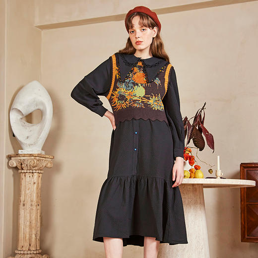 两三事国潮艺术四目无他人冬季新款复古黑色连衣裙长款衬衫裙 商品图2