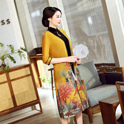 MTX-8190 秋冬新款中长款鹿皮绒旗袍七分袖两件套改良修身版妈妈装 商品图3