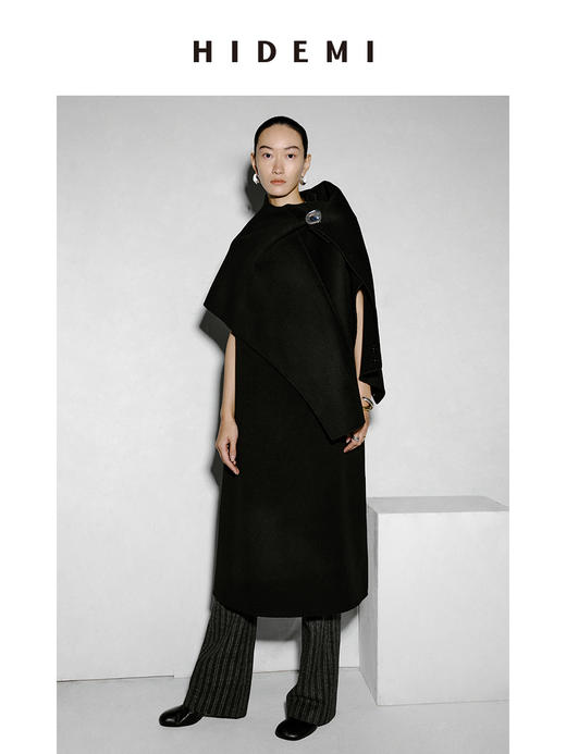 HIDEMI 美利奴羊毛廓形极简皮扣设计感斗篷/连衣裙两件套 商品图9