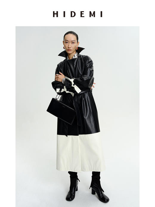 HIDEMI 黑白拼接极简之感长款环保皮风衣皮衣 商品图10