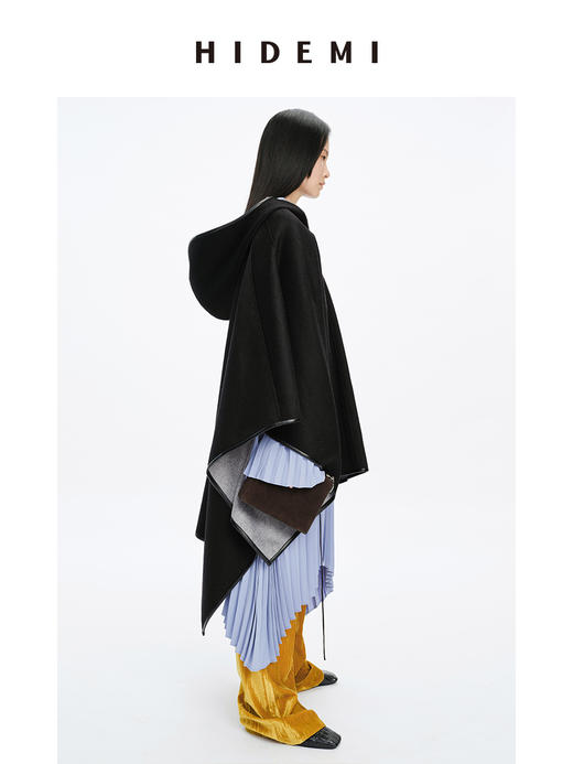 HIDEMI 水波双面双色羊毛拉链廓形大斗篷大衣 商品图0