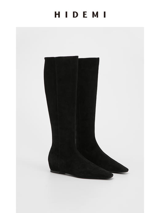 HIDEMI 黑色牛皮/麂皮经典款方尖头内增高长靴 商品图5
