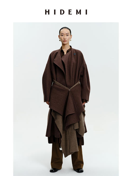 HIDEMI 深咖色格纹长款围巾式大衣 商品图5