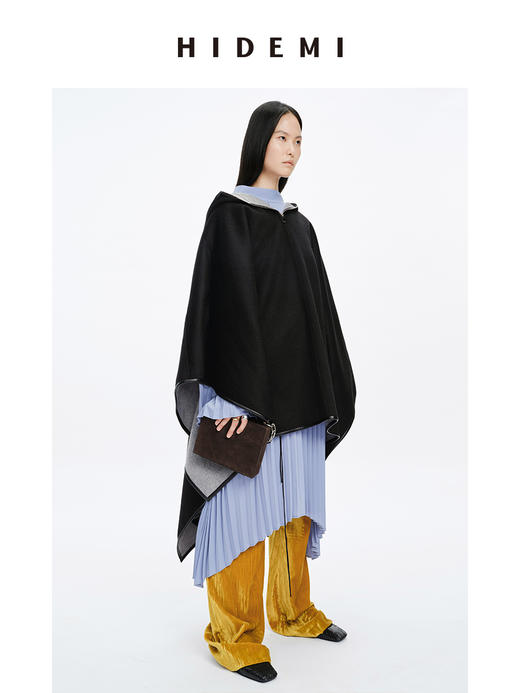 HIDEMI 水波双面双色羊毛拉链廓形大斗篷大衣 商品图4