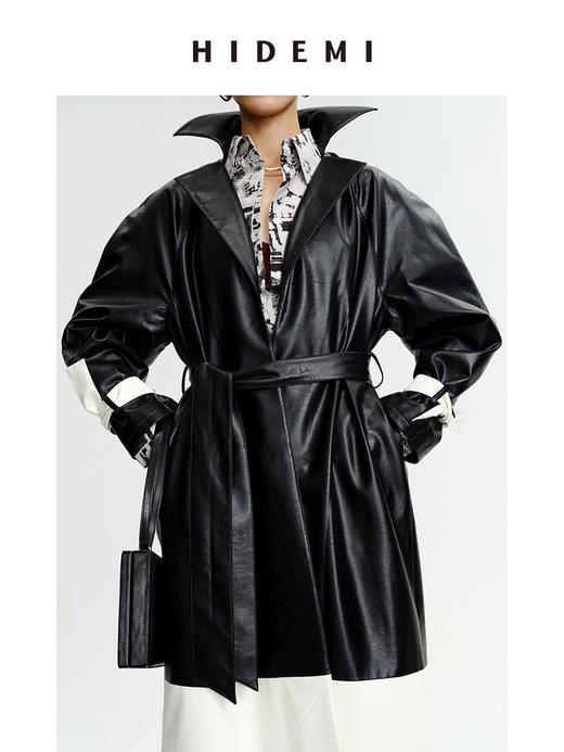 HIDEMI 黑白拼接极简之感长款环保皮风衣皮衣 商品图9