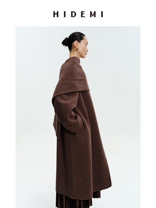 HIDEMI 深咖色格纹长款围巾式大衣 商品图11
