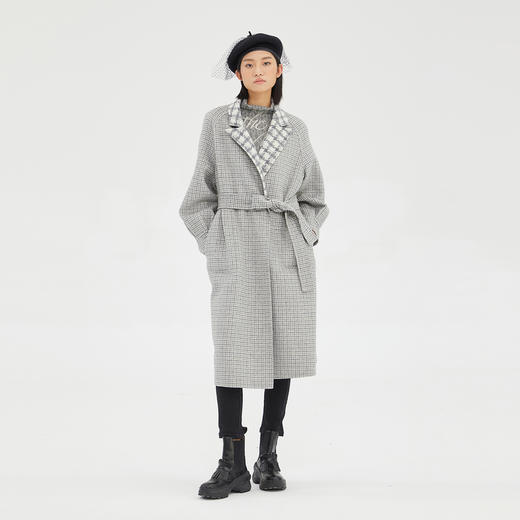 谜底2022冬季新款两面穿毛呢大衣宽松绑带格子双面呢女229MD6227 商品图1