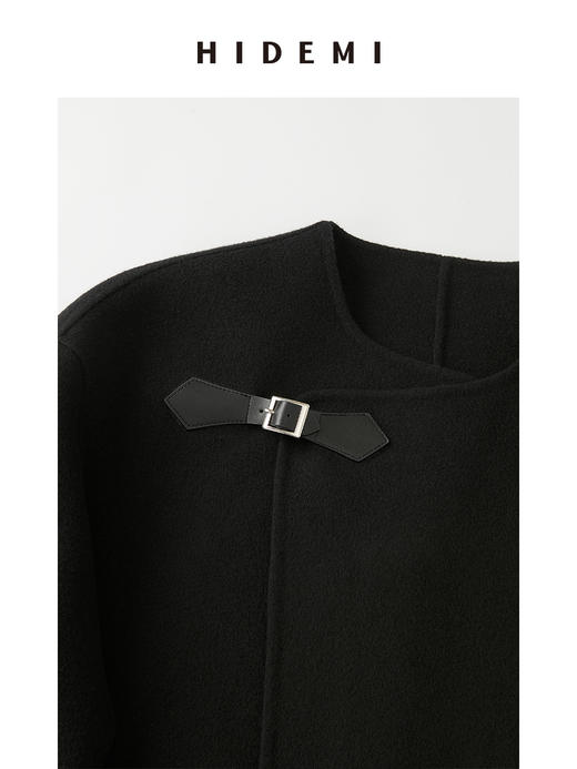 HIDEMI 美利奴双面羊毛不对称皮扣设计感廓形大衣外套 商品图2