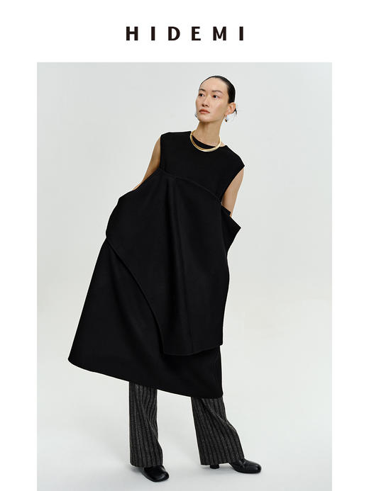 HIDEMI 美利奴羊毛廓形极简皮扣设计感斗篷/连衣裙两件套 商品图7