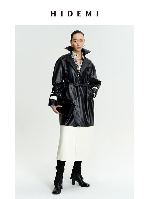HIDEMI 黑白拼接极简之感长款环保皮风衣皮衣 商品图6