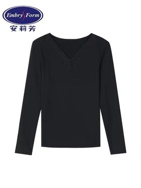 安莉芳秋冬新品蕾丝V领长袖暖衣上装女士修身打底棉毛衫ED00259