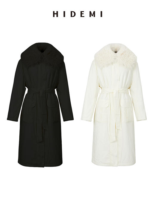 HIDEMI 皮毛一体可拆卸超大卷毛领廓形拉链口袋棉服长款大衣 （黑色/白色 ） 商品图1