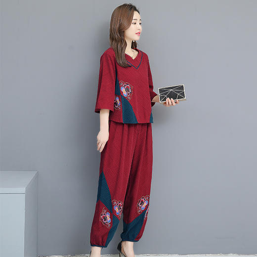 NLYJ-套装棉麻两件套夏新款民族风女七分袖V领t恤+松紧腰九分裤宽松套装 商品图1