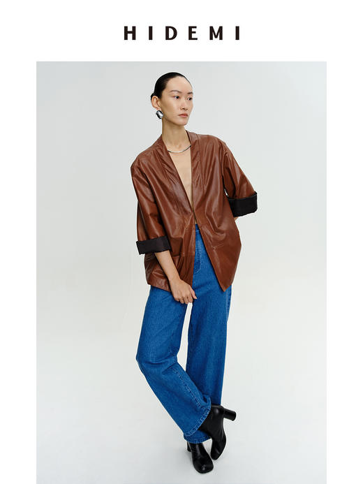 HIDEMI 新西兰羊皮V领极简廓形西装皮衣外套 蜡感焦糖色/亚光黑色 商品图12