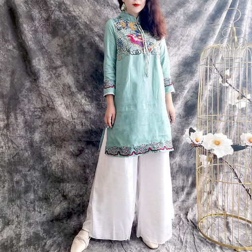 D6013重工刺绣亚麻上衣2022民族风夏季开叉七分袖衬衫新品女装上衣 商品图8