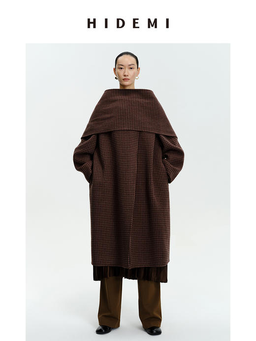 HIDEMI 深咖色格纹长款围巾式大衣 商品图10