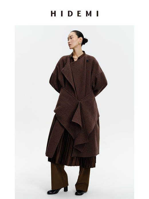 HIDEMI 深咖色格纹长款围巾式大衣 商品图3