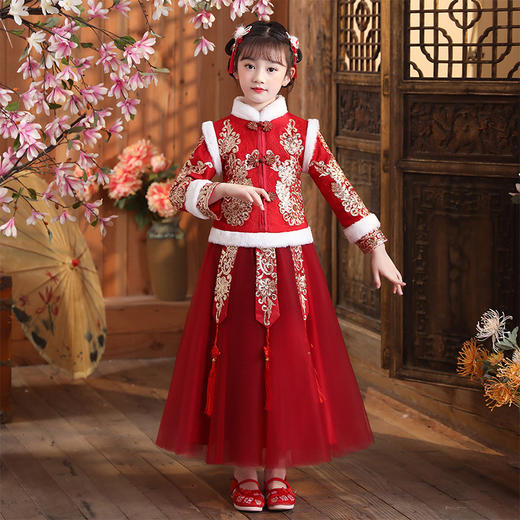 DY-9922汉服女童裙套装秋冬加绒中国风唐装拜年服女孩演出儿童连衣裙 商品图2