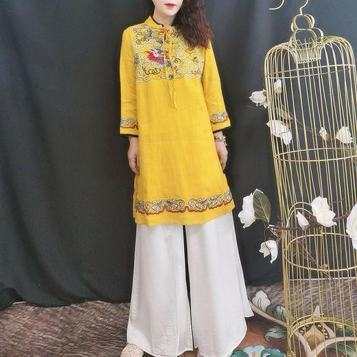 D6013重工刺绣亚麻上衣2022民族风夏季开叉七分袖衬衫新品女装上衣 商品图2